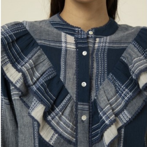 FRNCH Paris Blue Gray Plaid Ruffle Button Down Top 100% Cotton Size L - Picture 4 of 12